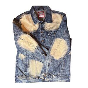 1738 Denim Jacket Size Large Distressed Bleach Fade Pattern Trucker Style Blue